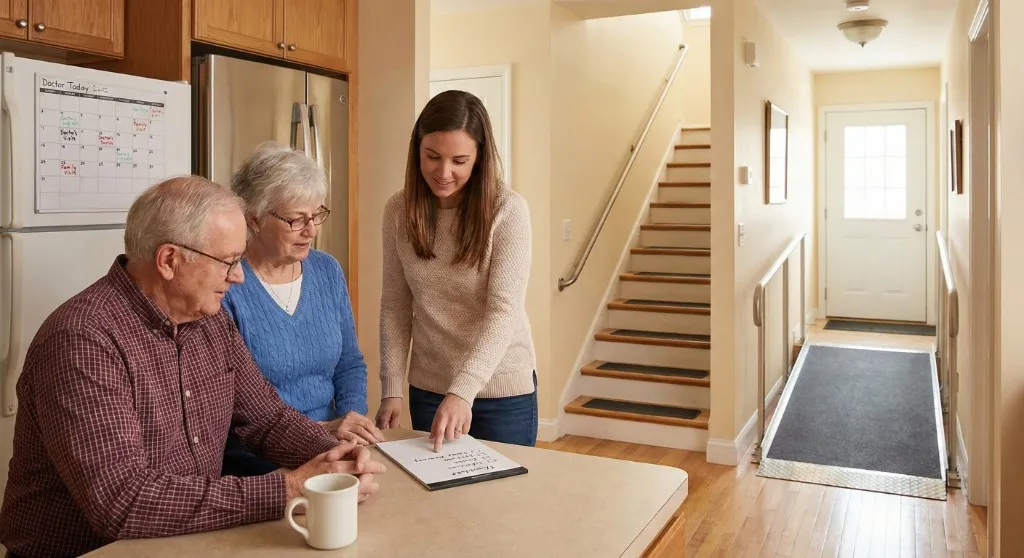 Older woman sitting comfortably in her sunlit living room with a cup of coffee, surrounded by a clean, well-organized, and safely modified home