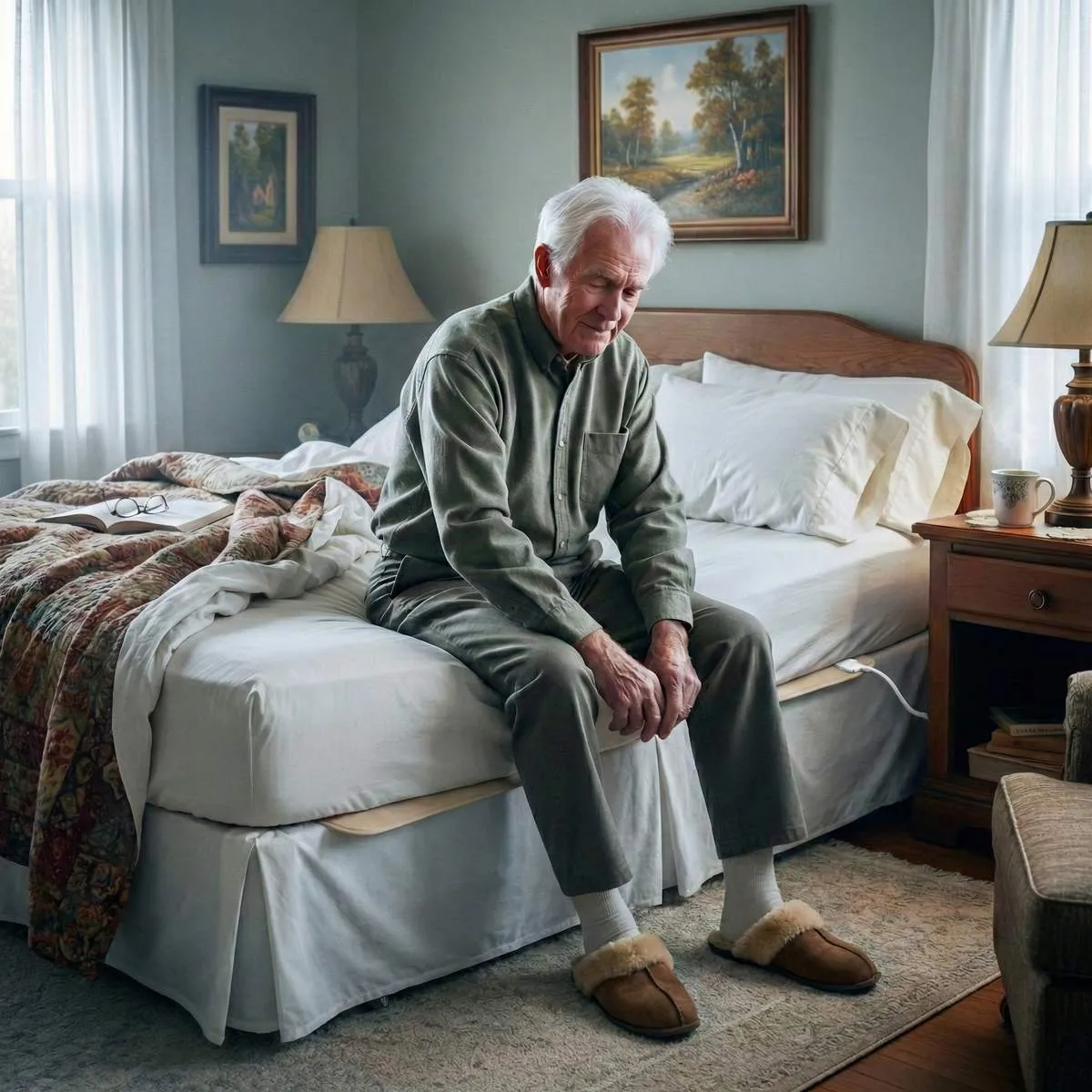 Cozy bedroom with thin pressure sensor barely visible under fitted sheet