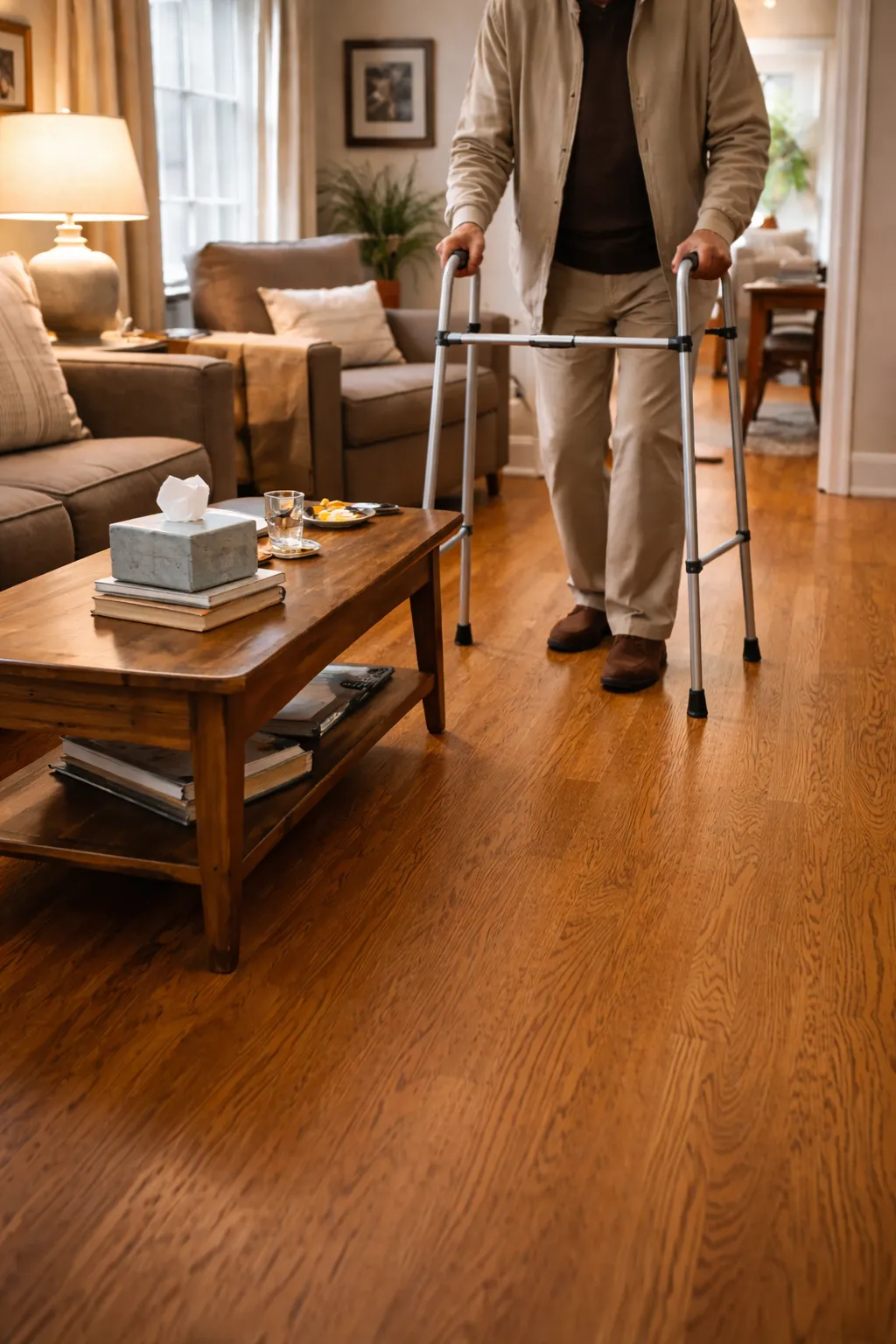 Same living room with clear walking paths, tucked cords, and repositioned furniture