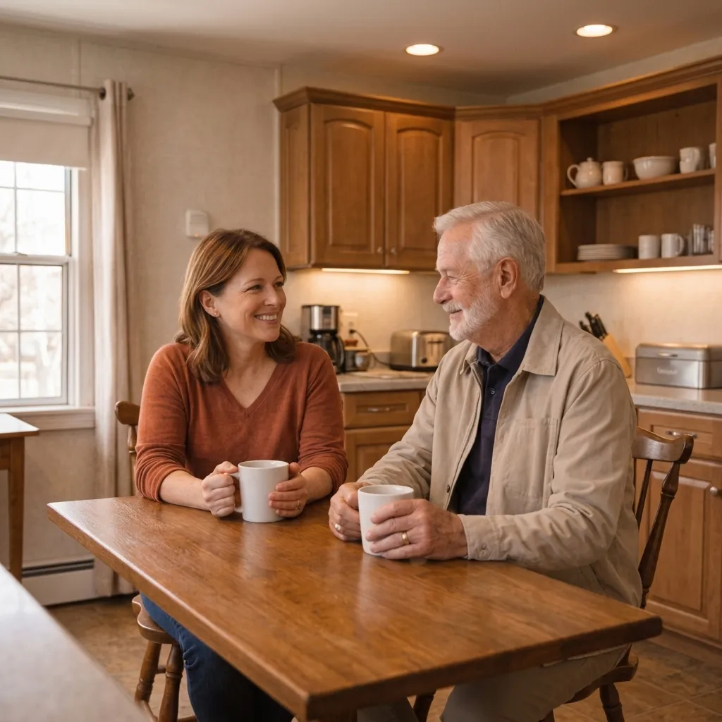 Nurse having a warm conversation with elderly couple and their adult daughter at the kitchen table