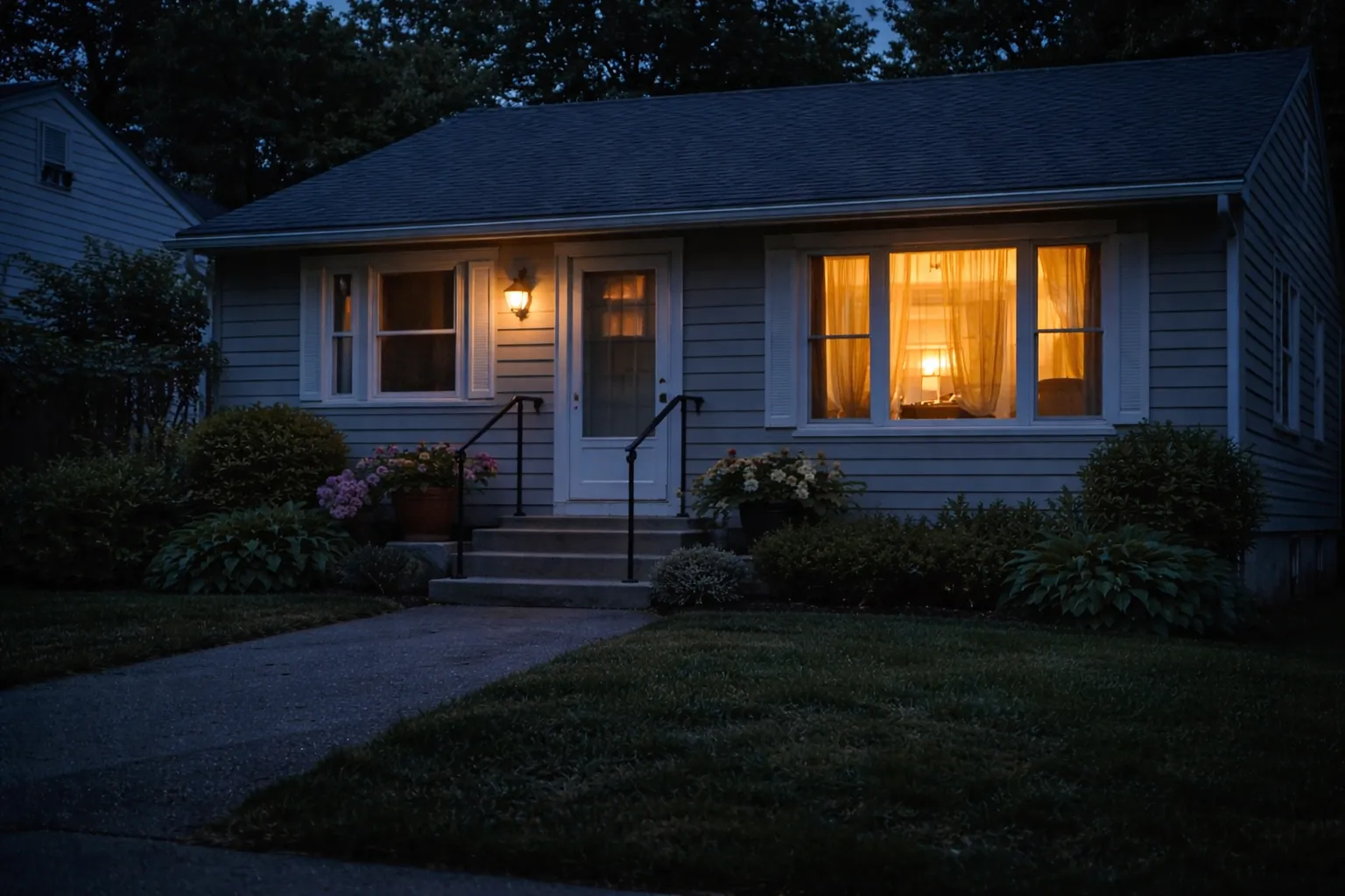 Quiet suburban home at dusk with single warm light glowing from living room — the emotional reality of aging alone