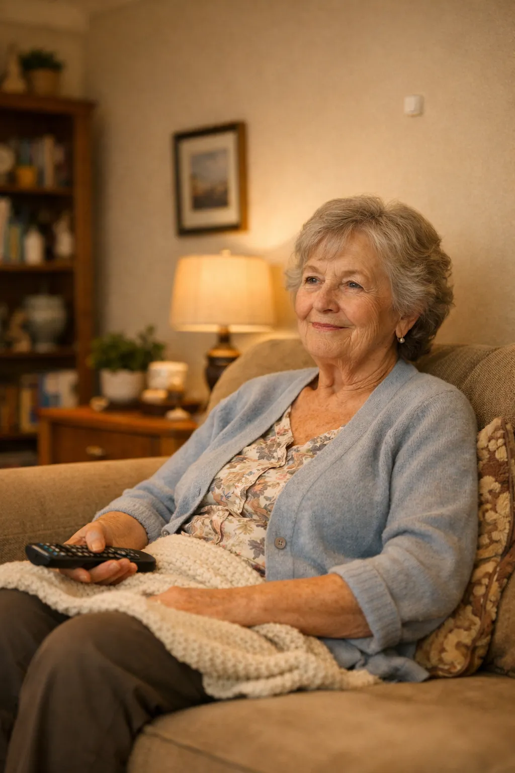 Living room with subtle motion sensor tracking daily activity patterns