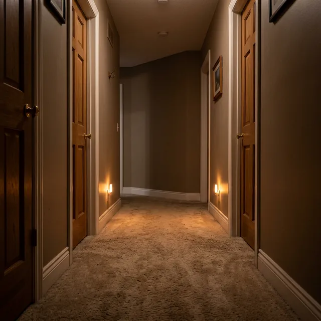 Well-lit hallway with warm LED night lights at baseboard level providing safe navigation