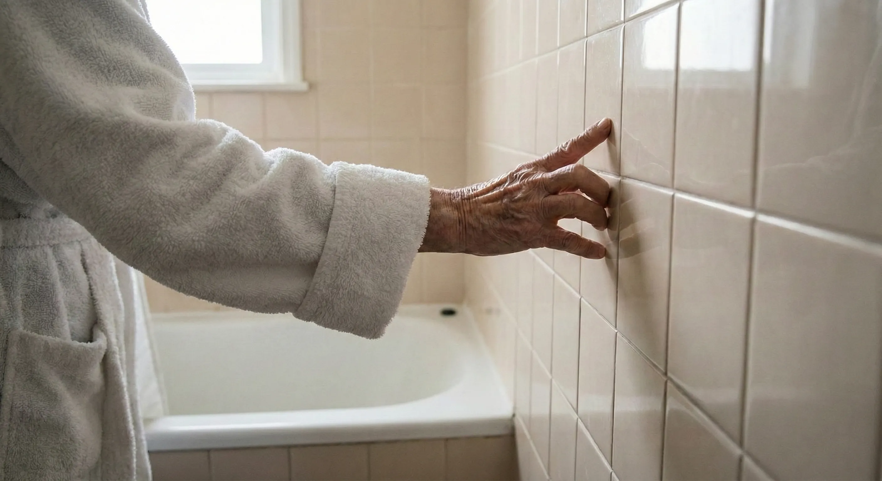 Bathroom without grab bars — elderly person gripping smooth tile wall for support stepping out of tub