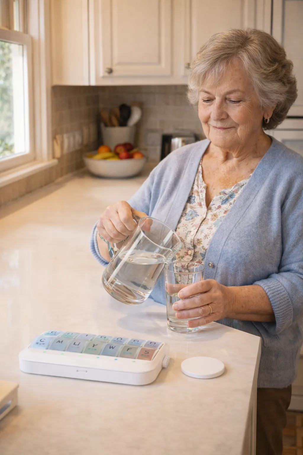 Kitchen counter with pillbox and barely noticeable smart sensor pad