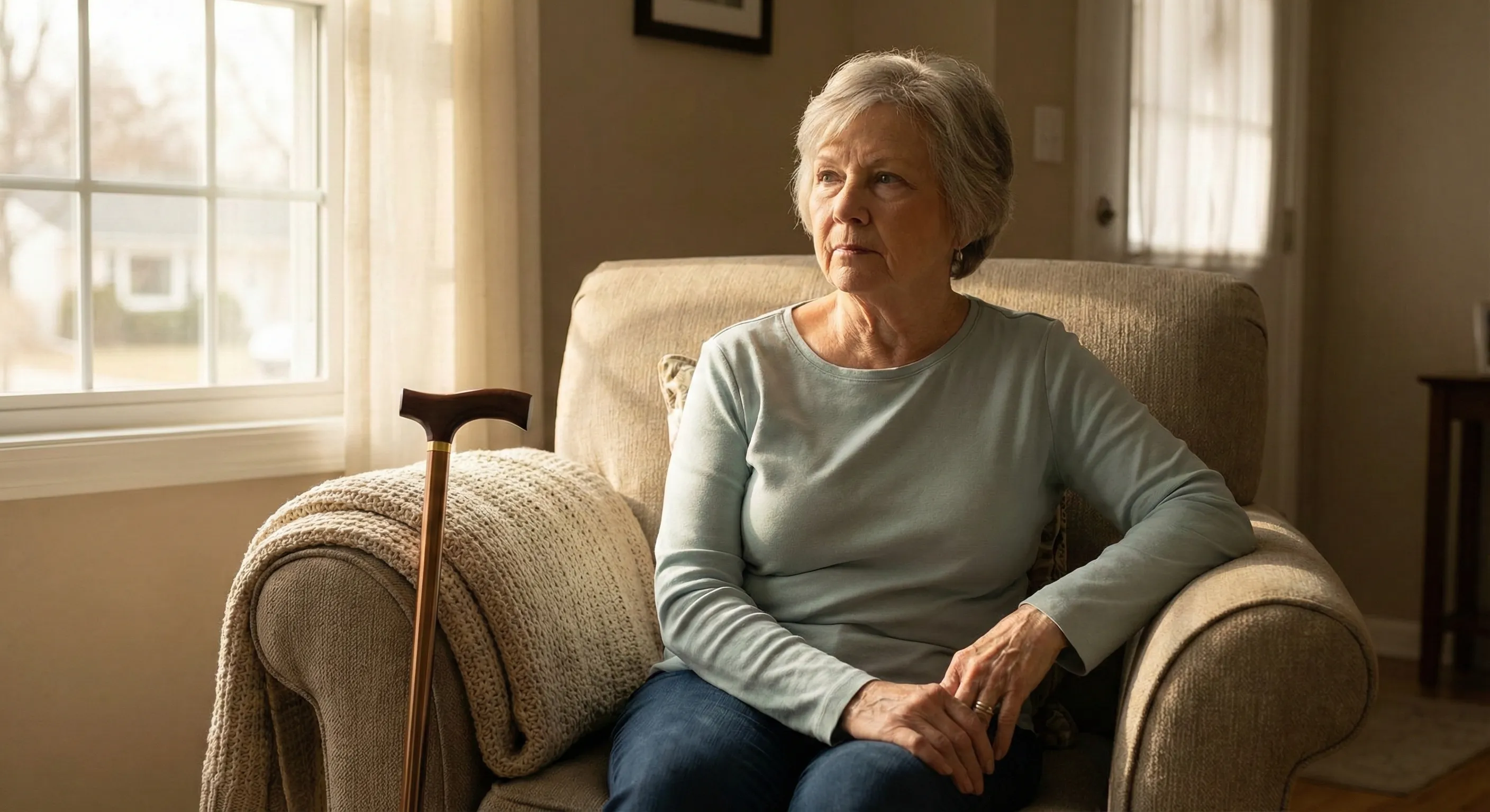 Senior woman sitting in a comfortable armchair with a walking cane nearby, looking determined but cautious during recovery