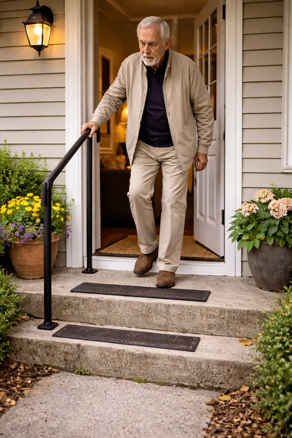 Front porch steps with sturdy handrail and non-slip treads installed