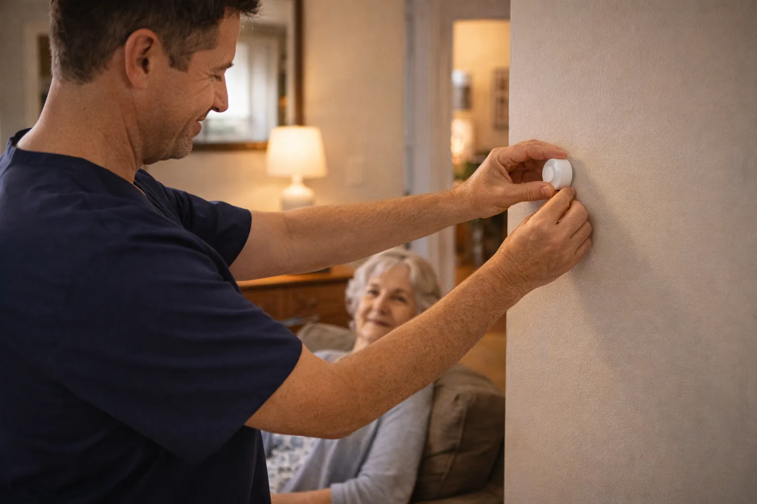 Nurse installing small wireless motion sensor on wall using adhesive — no tools needed