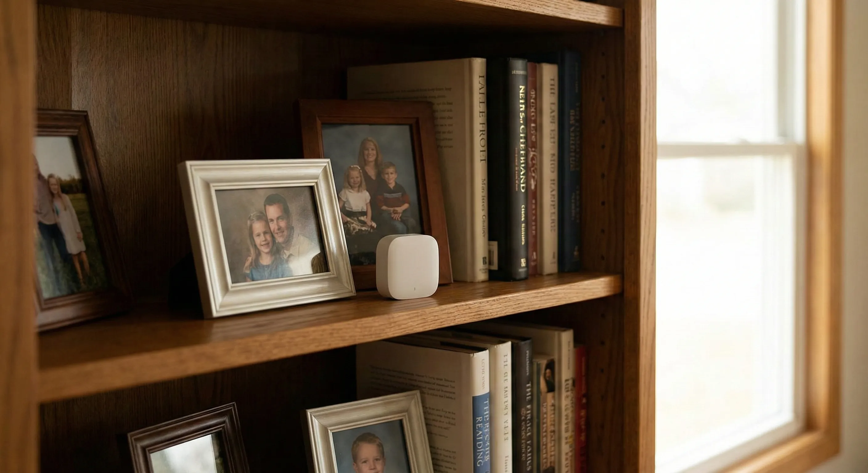 A small, discreet monitoring sensor sitting unobtrusively on a living room bookshelf among family photos and decorations