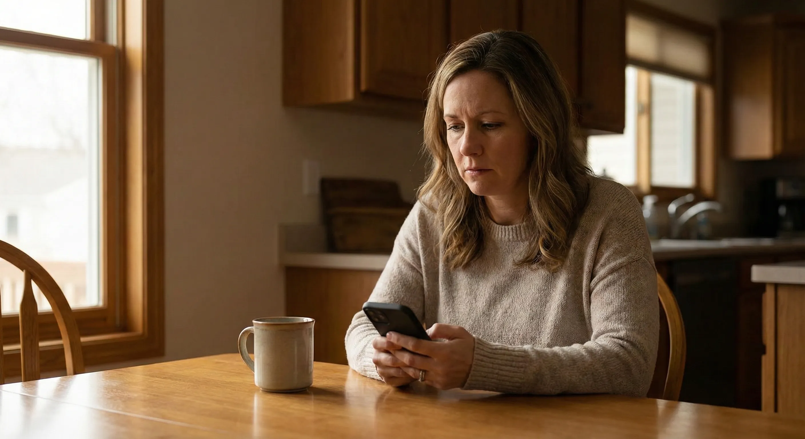 Adult daughter sitting at her kitchen table, looking at her phone with a thoughtful but slightly worried expression, wondering about her aging mother's wellbeing